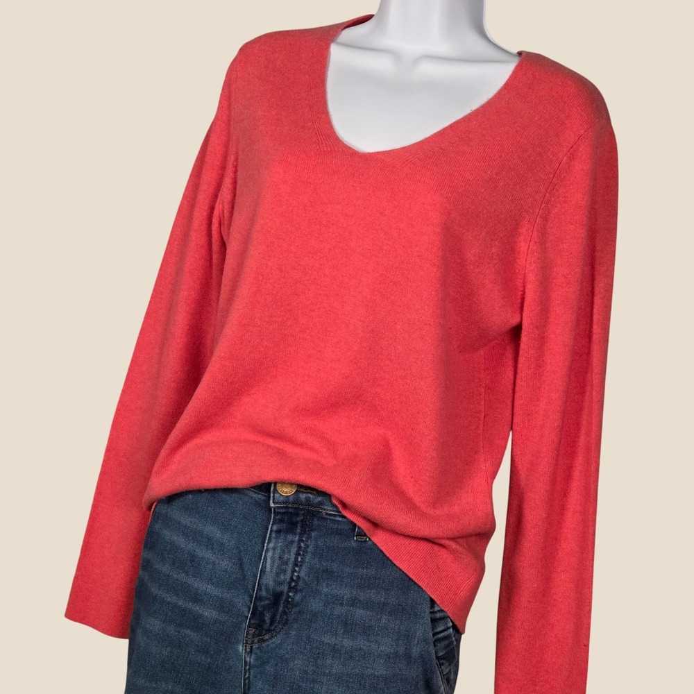 Kinross Cashmere Women Large Pure Cashmere V Neck Long Sleeve Sweater Coral Pink